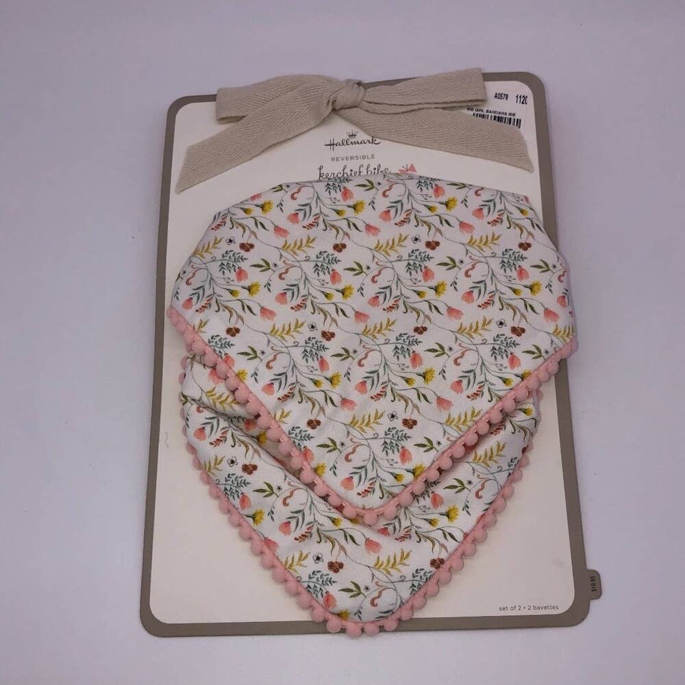 New Set Of 2 Hallmark Floral Bibs Pink White Tan Pompom Baby Girl Reversible Bib